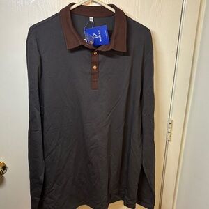 Men's Long-Sleeve Polo in Dark Gray with Brown Collar